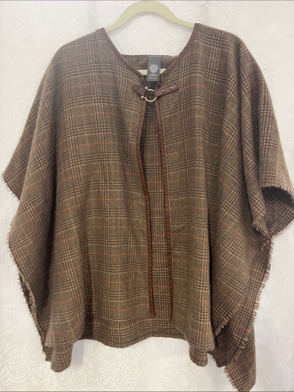 Vince Camuto Sherlock Holmes Plaid Poncho with Leather Trim OS